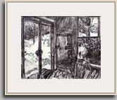 LOOKING OUT FROM THE KITCHEN WITH THE RULE'S HOUSE 2006 ballpoint pen 17¾" X 14¼"